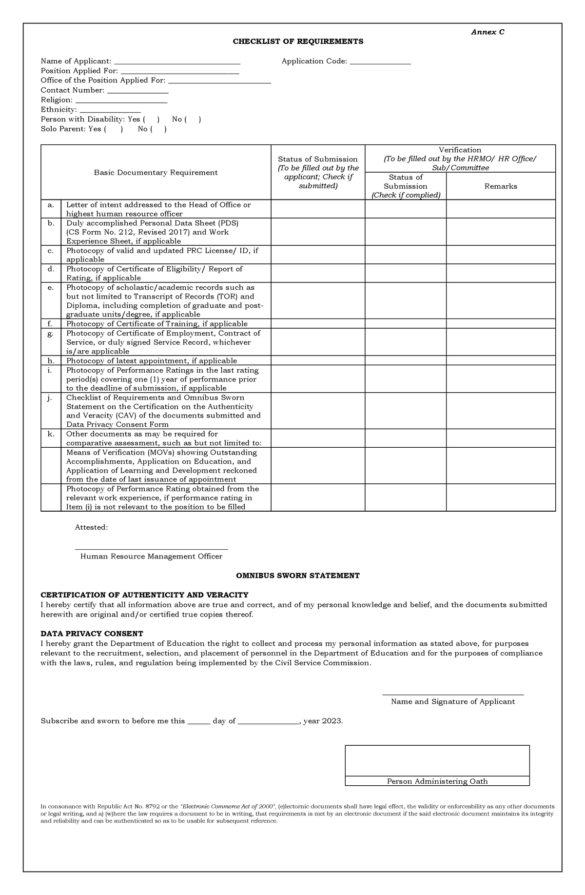 Application Checklist of Requirement - Annex C CHECKLIST OF ...