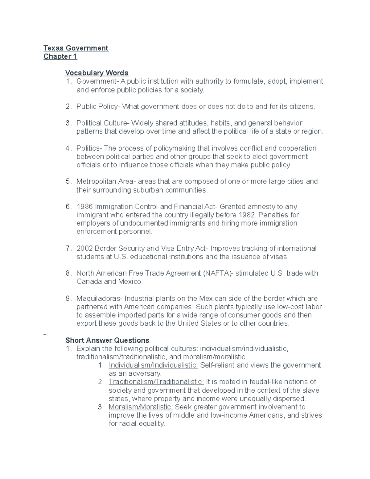 Texas Government Chapter 1 - Texas Government Chapter 1 Vocabulary ...