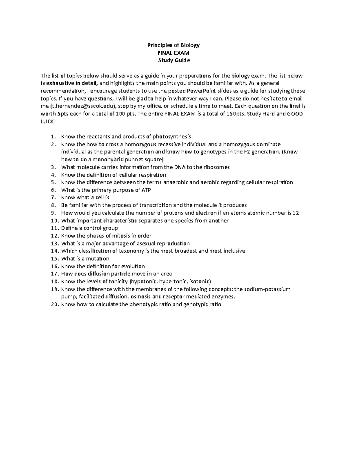 Bio Final EXAM Review 1 - Principles Of Biology FINAL EXAM Study Guide ...