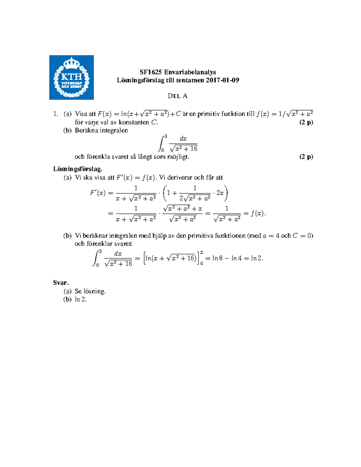 Tenta 9 Januari 2017, Frågor Och Svar - SF1625 Envariabelanalys ...