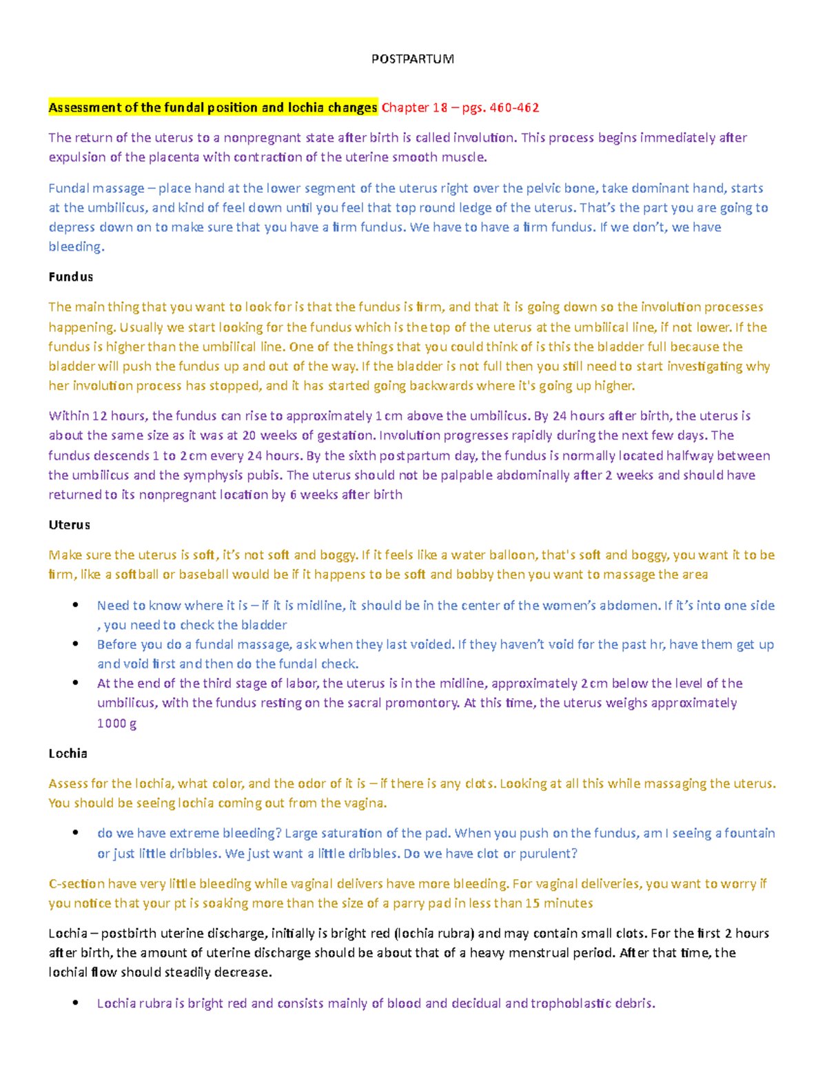 6 Postpartum Assessment Assessment Of The Fundal Position And Lochia Changes Chapter 18 Pgs Studocu