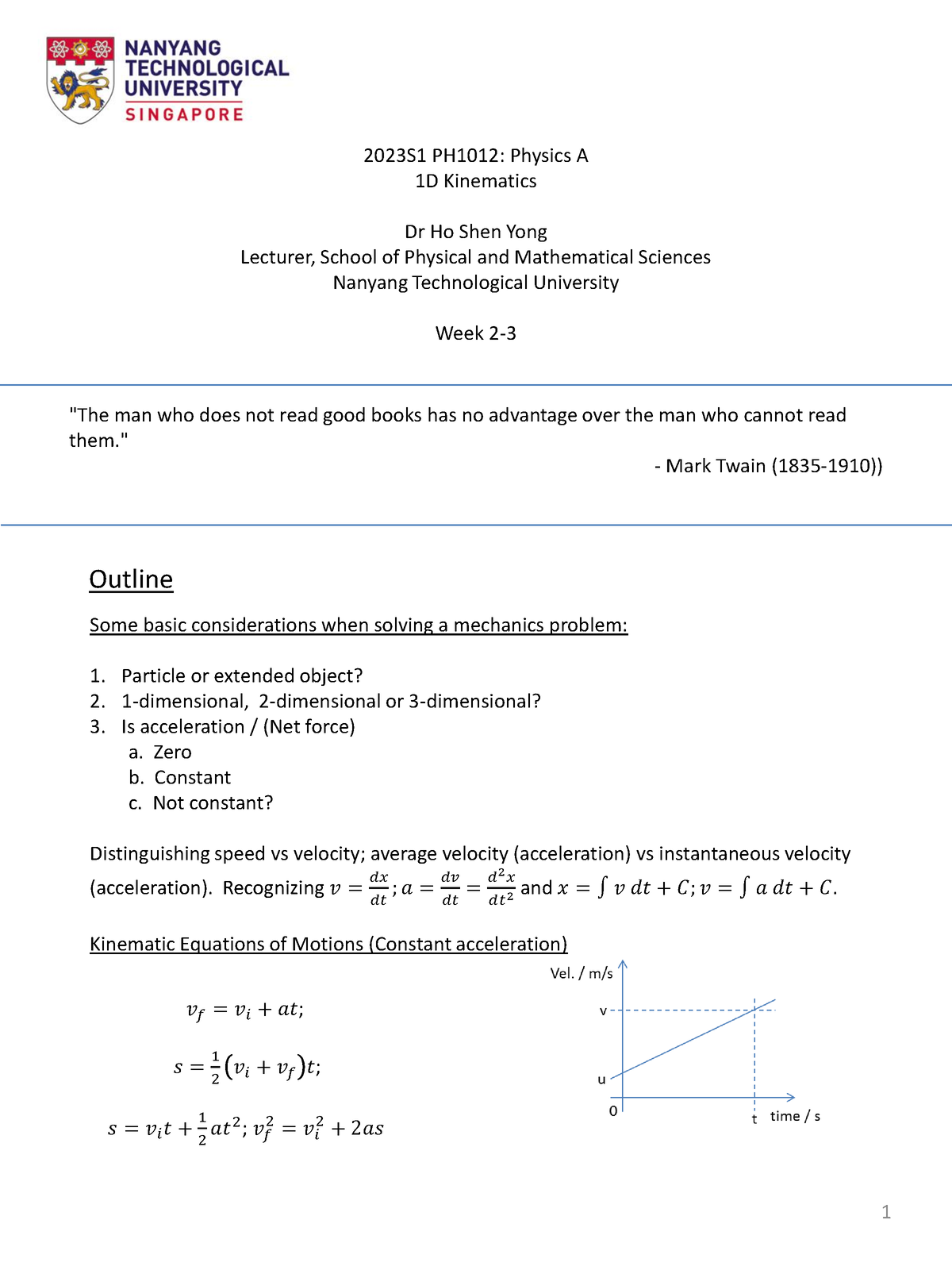 2. Basic Mechanics 1 - 1D Kinematics - Some Basic Considerations When ...