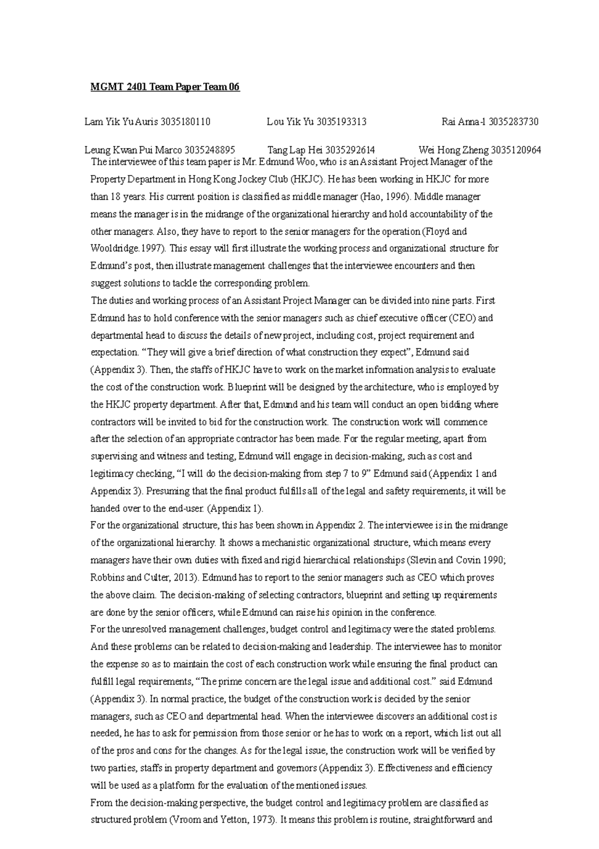 11 oct Team Paper on mangement MGMT 2401 Team Paper Team 06 Lam Yik Yu Auris 3035180110 Lou