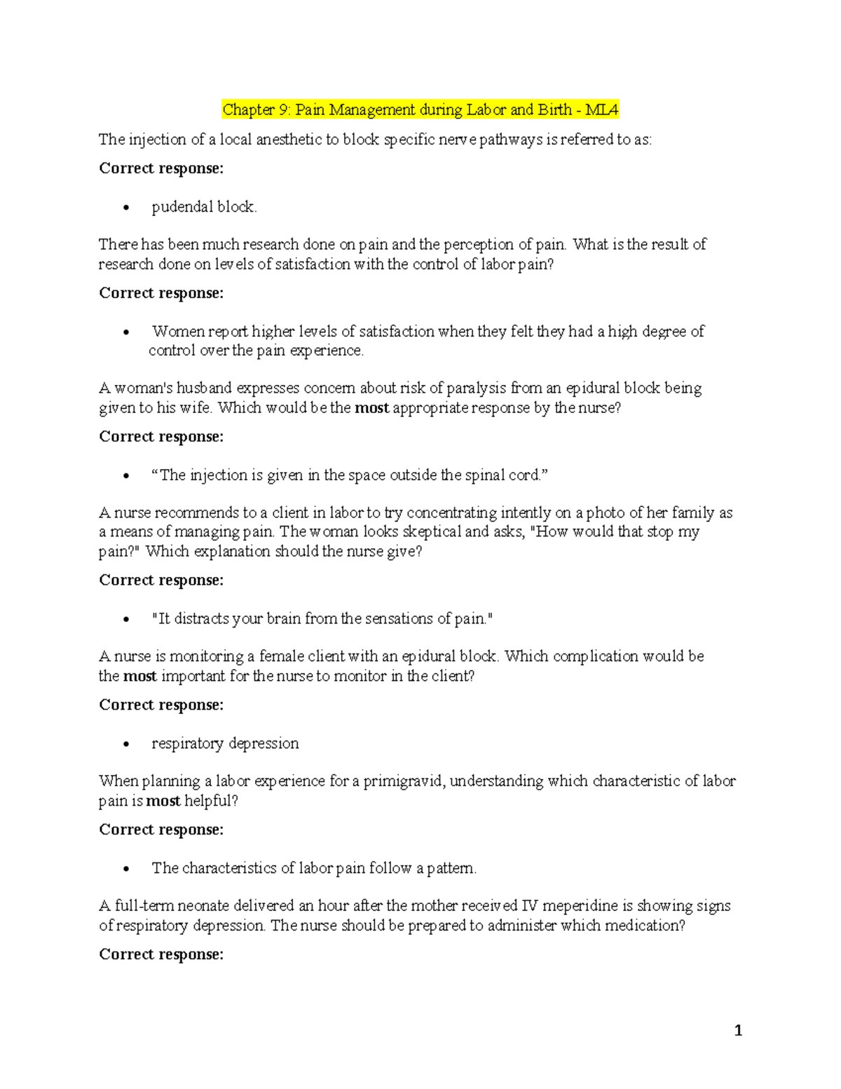 Chapter 9 Pain Management during Labor and Birth ML4 There has