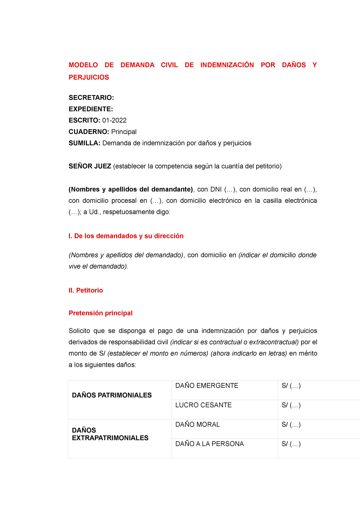 Modelo Demanda Indemnización POR Daños Y Perjuicios - MODELO DE DEMANDA ...