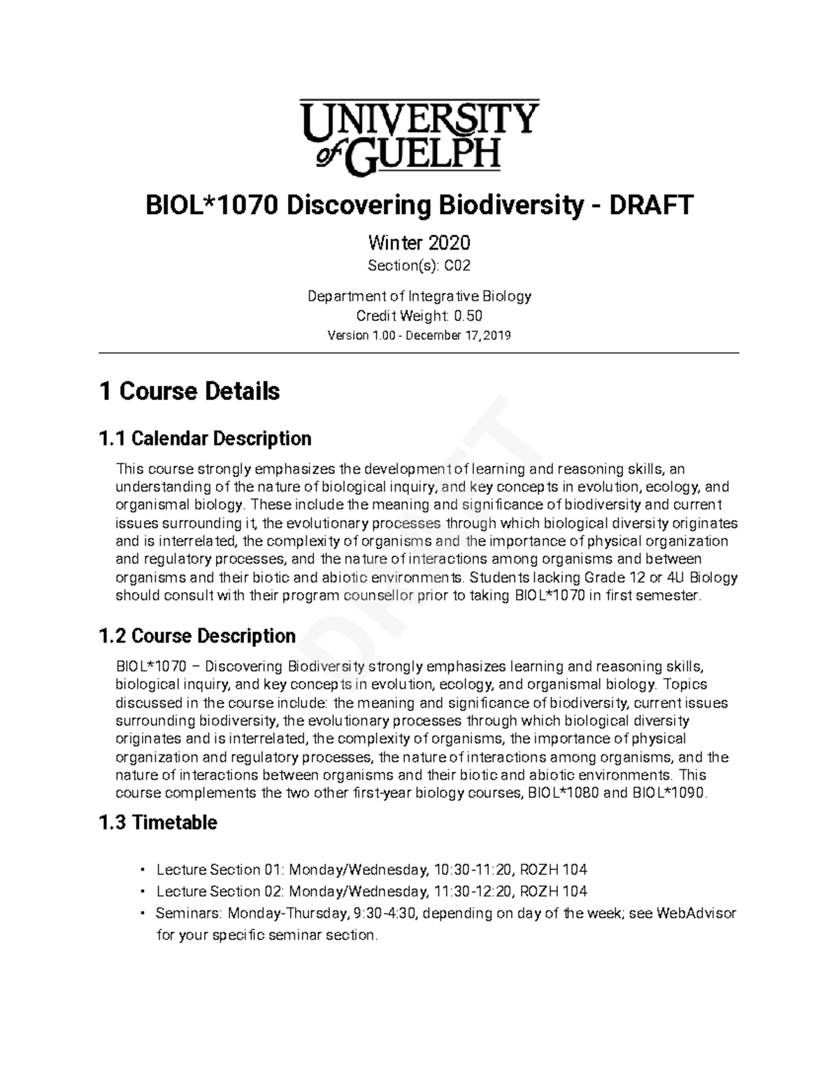 Bio 1070 Outline 2020 - BIOL*1070 Discovering Biodiversity - DRAFT ...