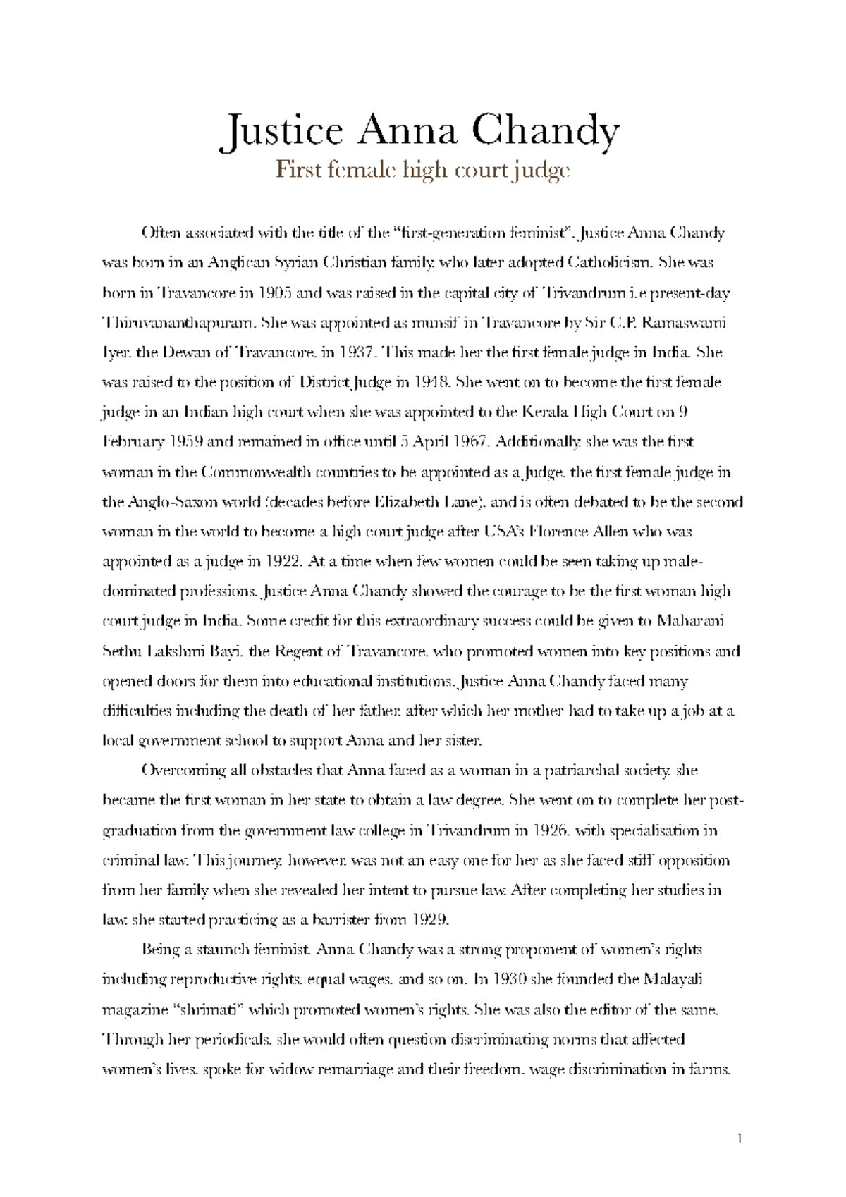 Justice Anna Chandy report by Tushti Som Justice Anna Chandy First