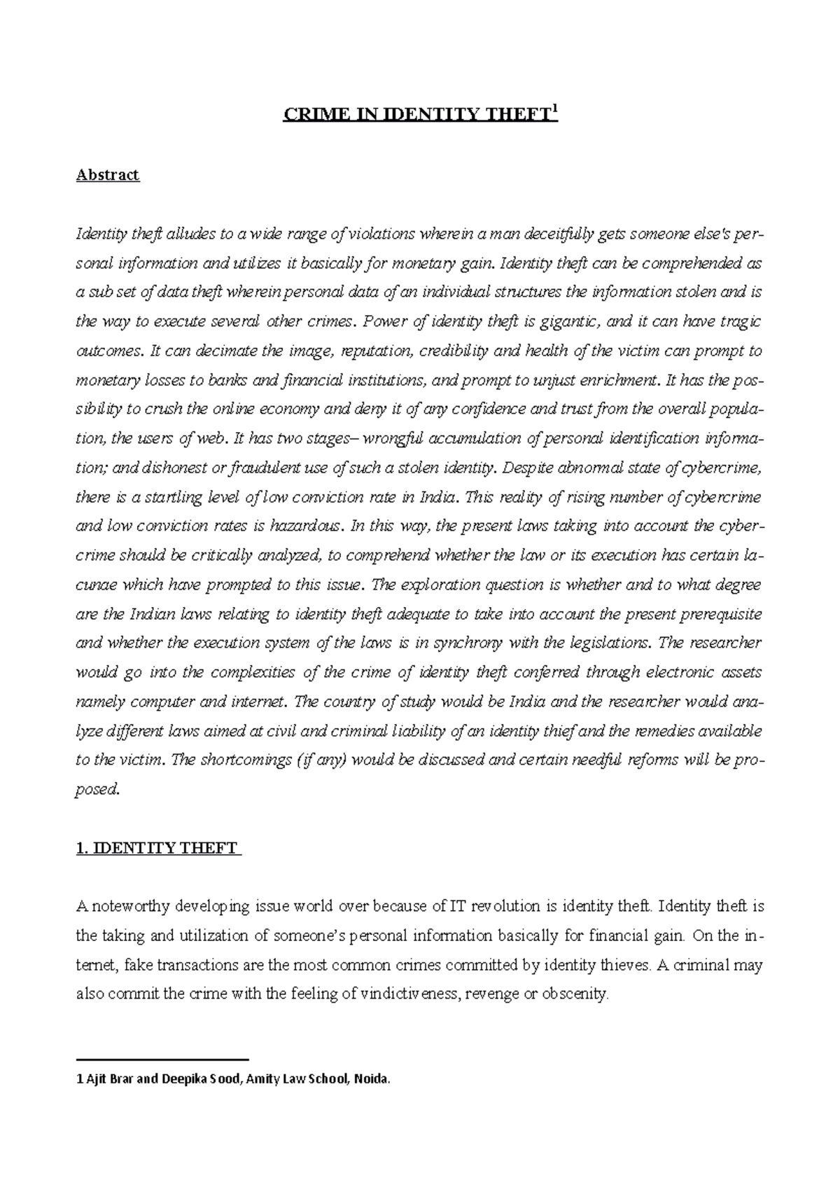 Crime IN Identity Theft 1 - CRIME IN IDENTITY THEFT 1 Abstract Identity ...