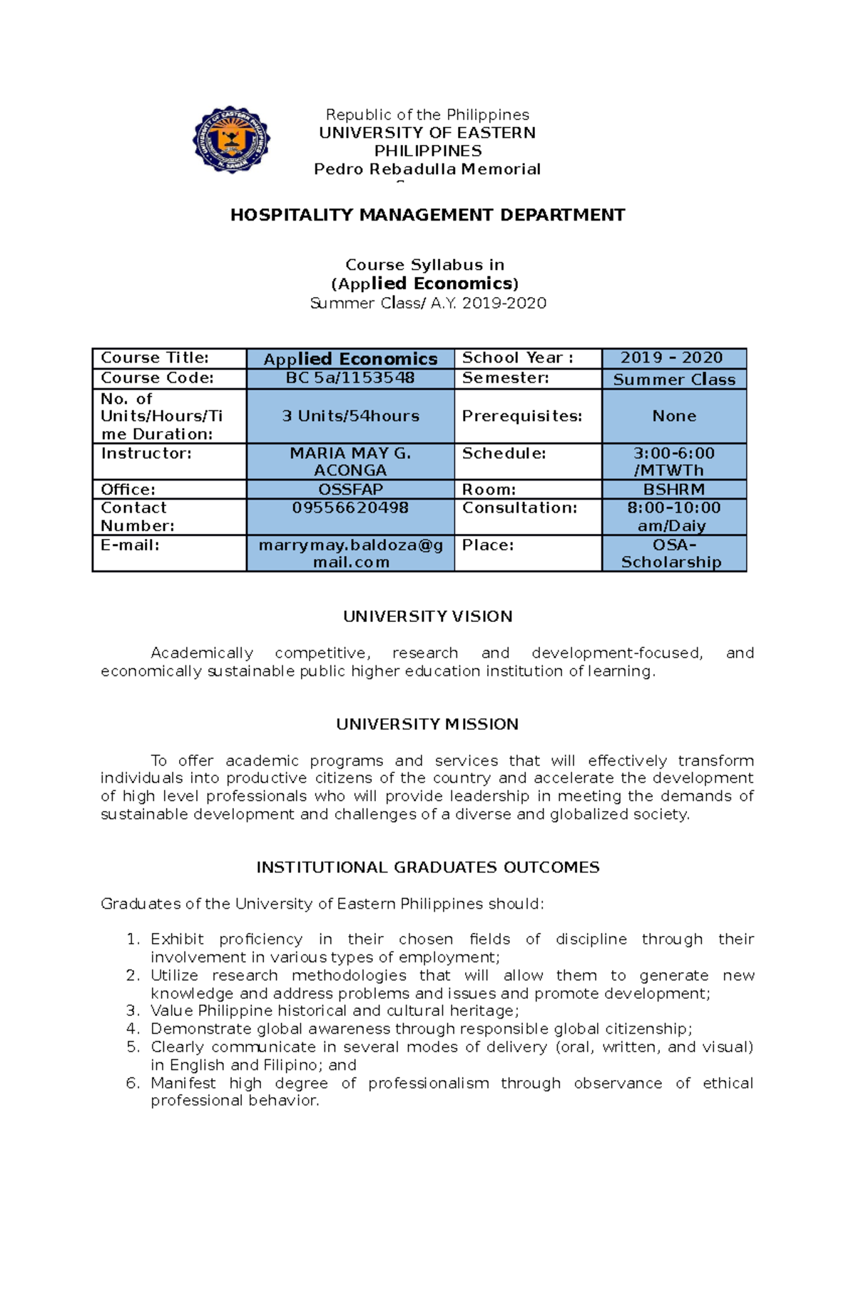 BSHMsyllabus-economics - HOSPITALITY MANAGEMENT DEPARTMENT Course ...