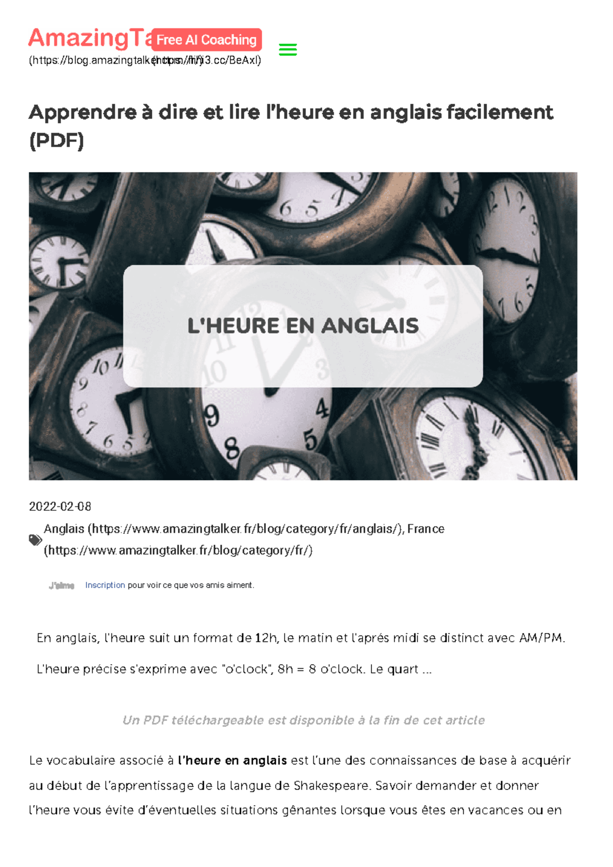 Apprendre à dire et lire l’heure en anglais facilement (PDF ...