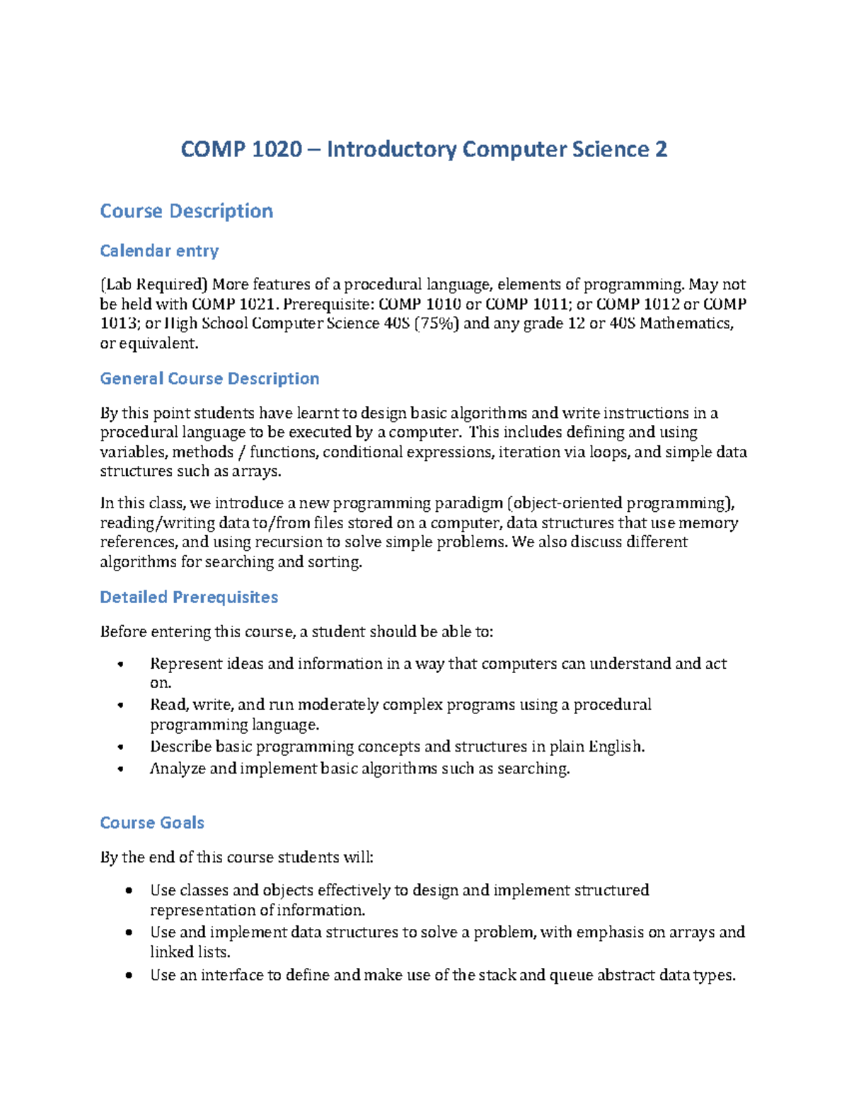 Comp-1020-1 - COMP 1020 – Introductory Computer Science 2 Course ...
