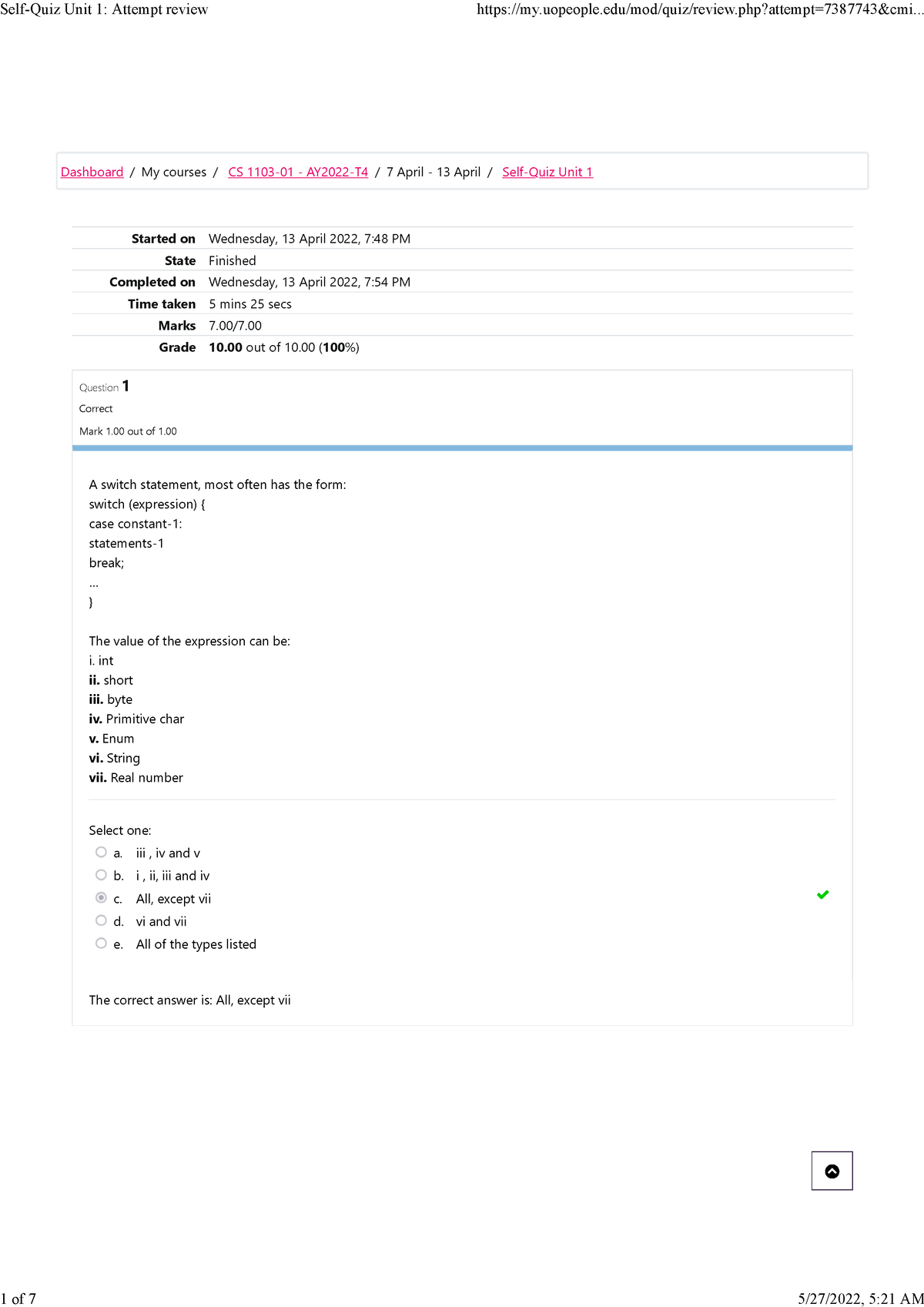 Self-Quiz unit 1 - This is the Self-Quiz of unit 1 solved- programming ...