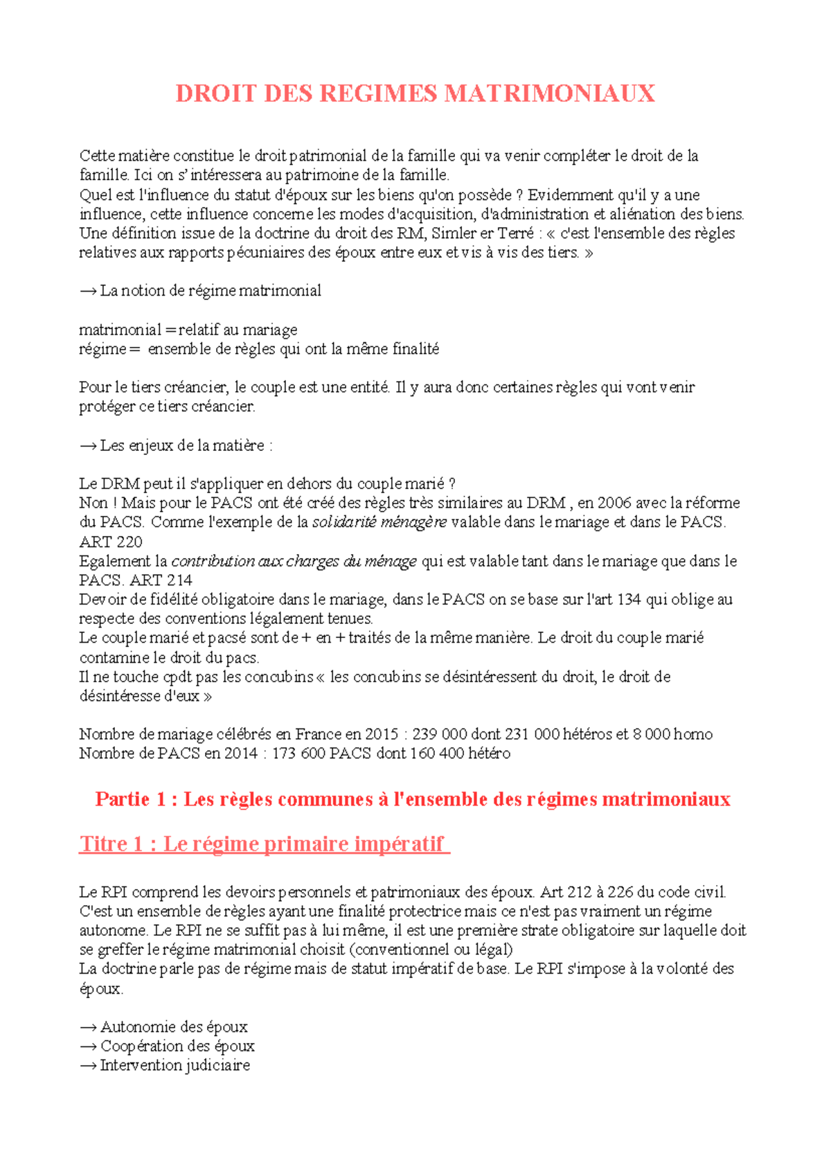 Regime MAT - DROIT DES REGIMES MATRIMONIAUX Cette Matière Constitue Le ...