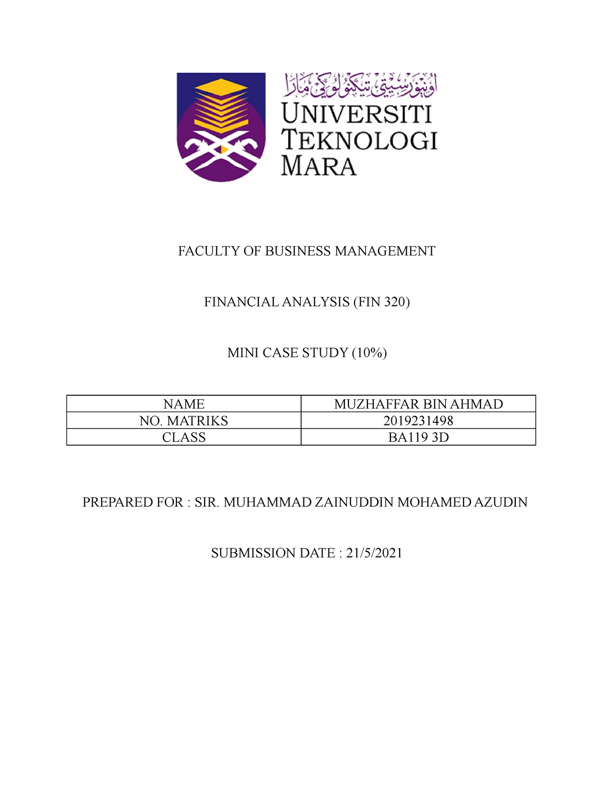 CASE Study Individual FIN320 FINANCIAL - Fundamental Of Finance - UiTM ...