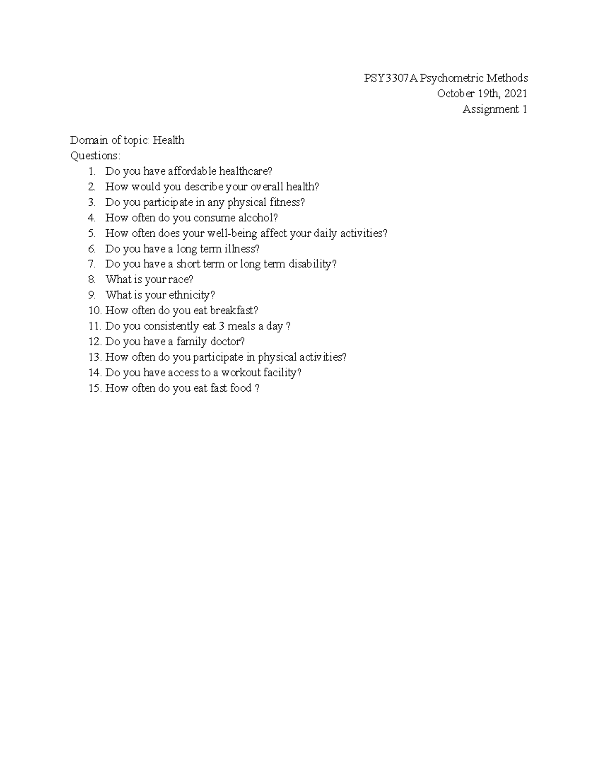PSY3307 Assignment 1 - Questions - Psyc 3105 - Carleton - Studocu