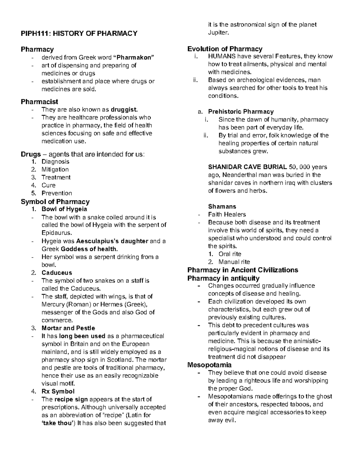 PIPH111 - PIPH NOTES - PIPH111: HISTORY OF PHARMACY Pharmacy - derived ...