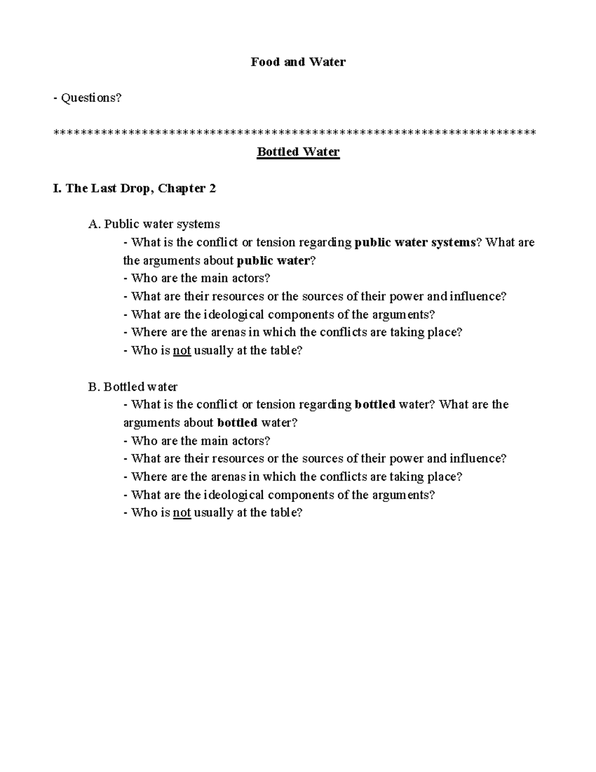 Class 2122, Bottled Water Food and Water Questions? Bottled Water I