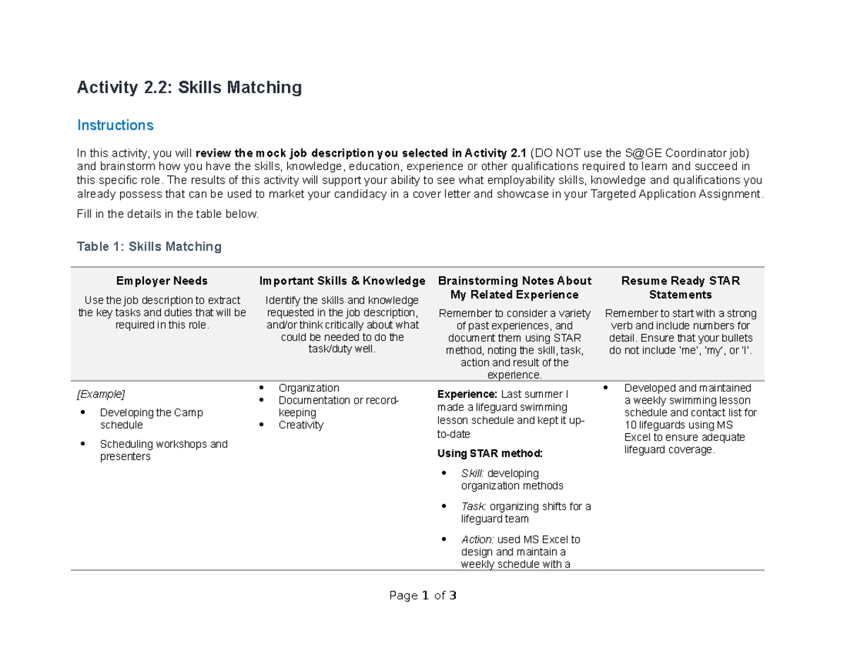 Activity 2 - Activity 2: Skills Matching Instructions In this activity ...