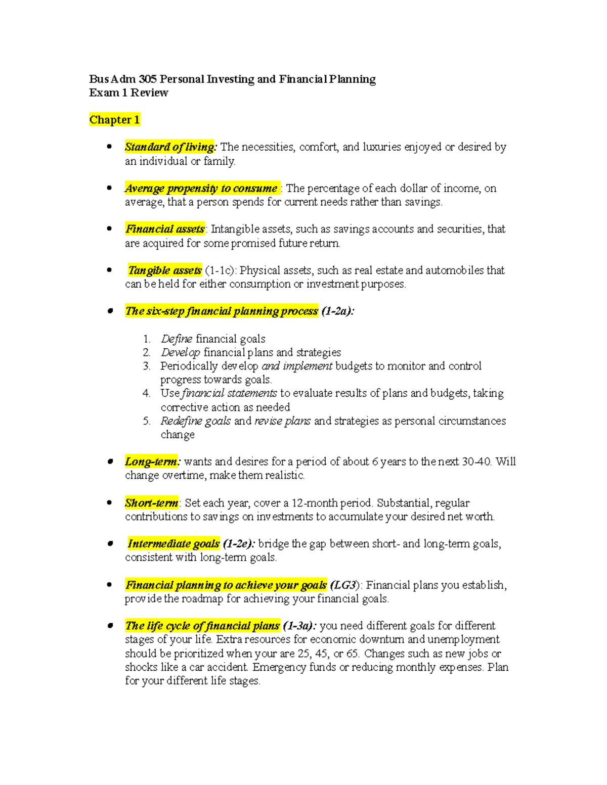 LectureNotesExam1 Bus Adm 305 Personal Investing and Financial