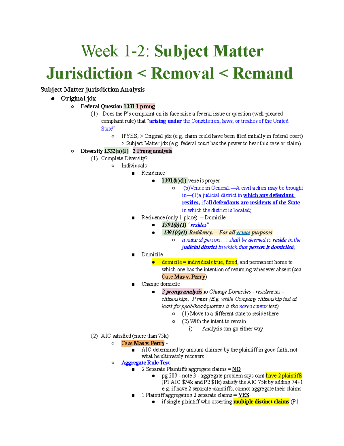 Civil Procedure Attack Outline (Final) Week 12 Subject Matter Jurisdiction