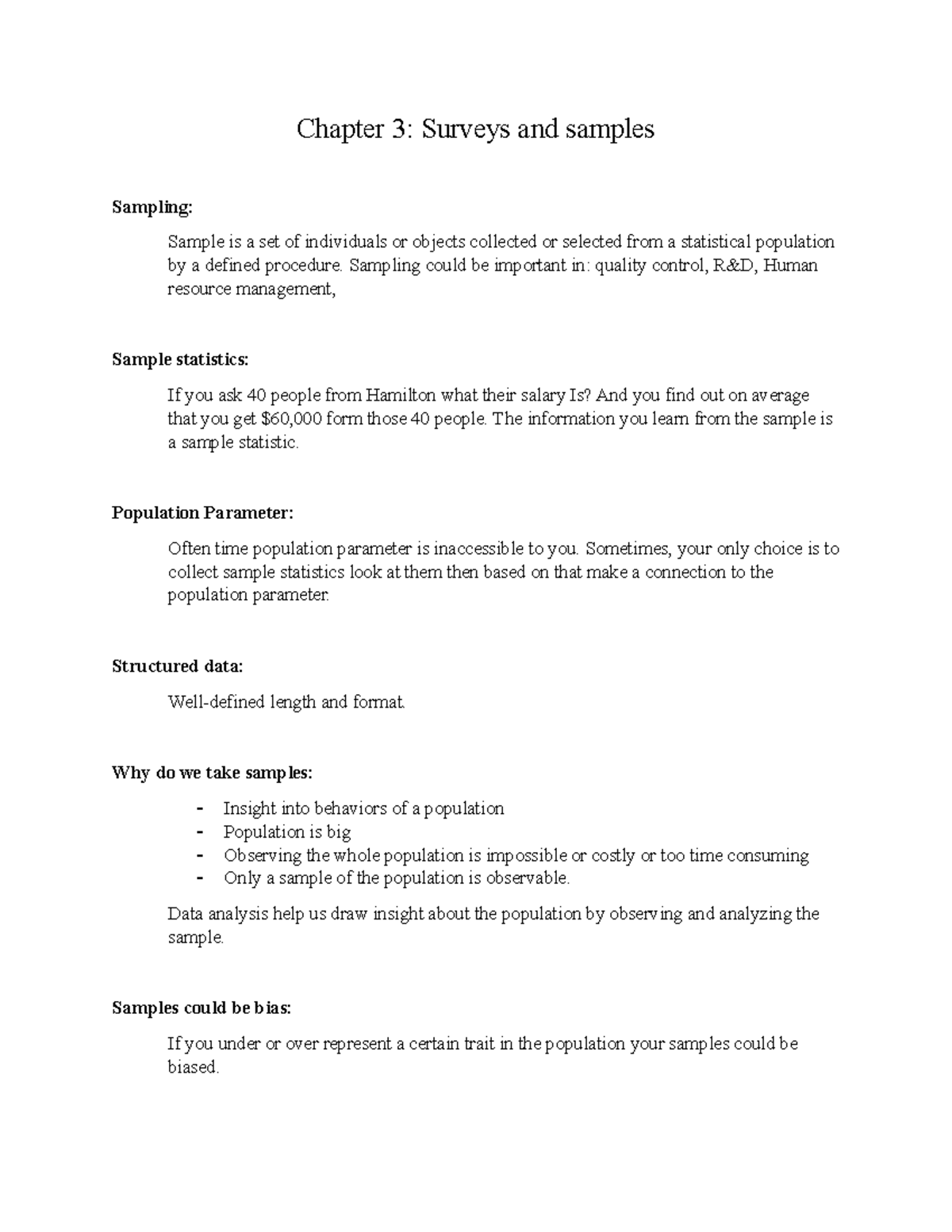 Chapter 3 Notes (Business Data Analytics 1DA3) - Chapter 3: Surveys and ...