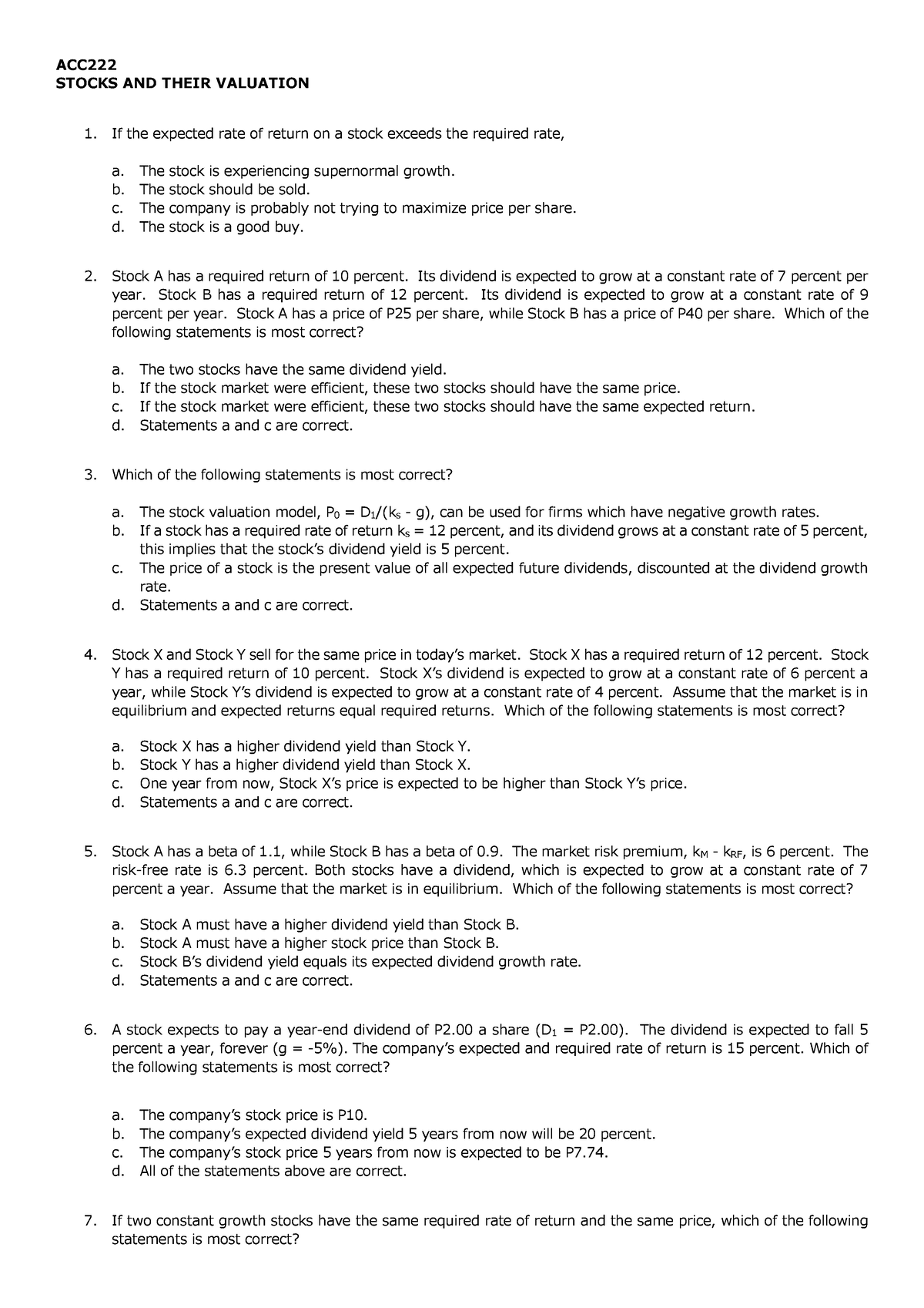 Quiz of Stocks and Valuation - ACC STOCKS AND THEIR VALUATION If the ...