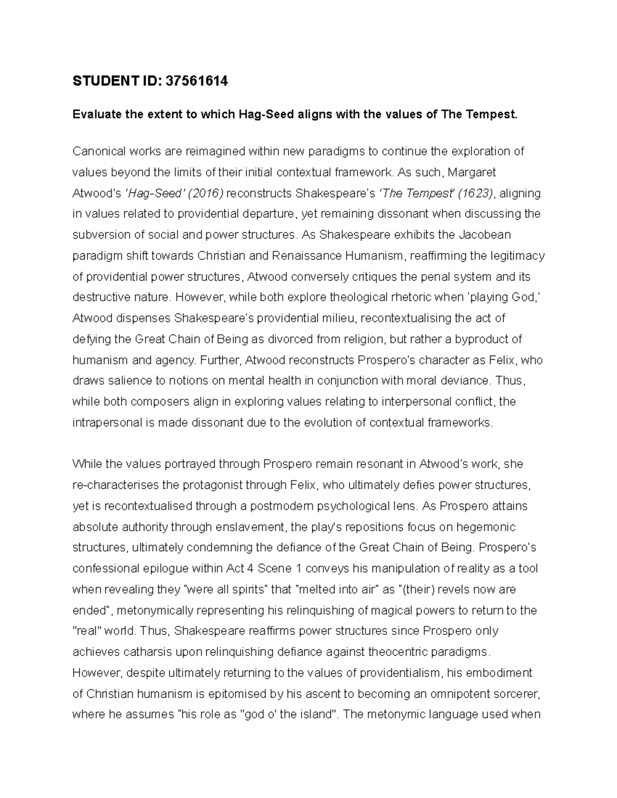 Tempest Hagseed Essay - STUDENT ID: 37561614 Evaluate The Extent To ...