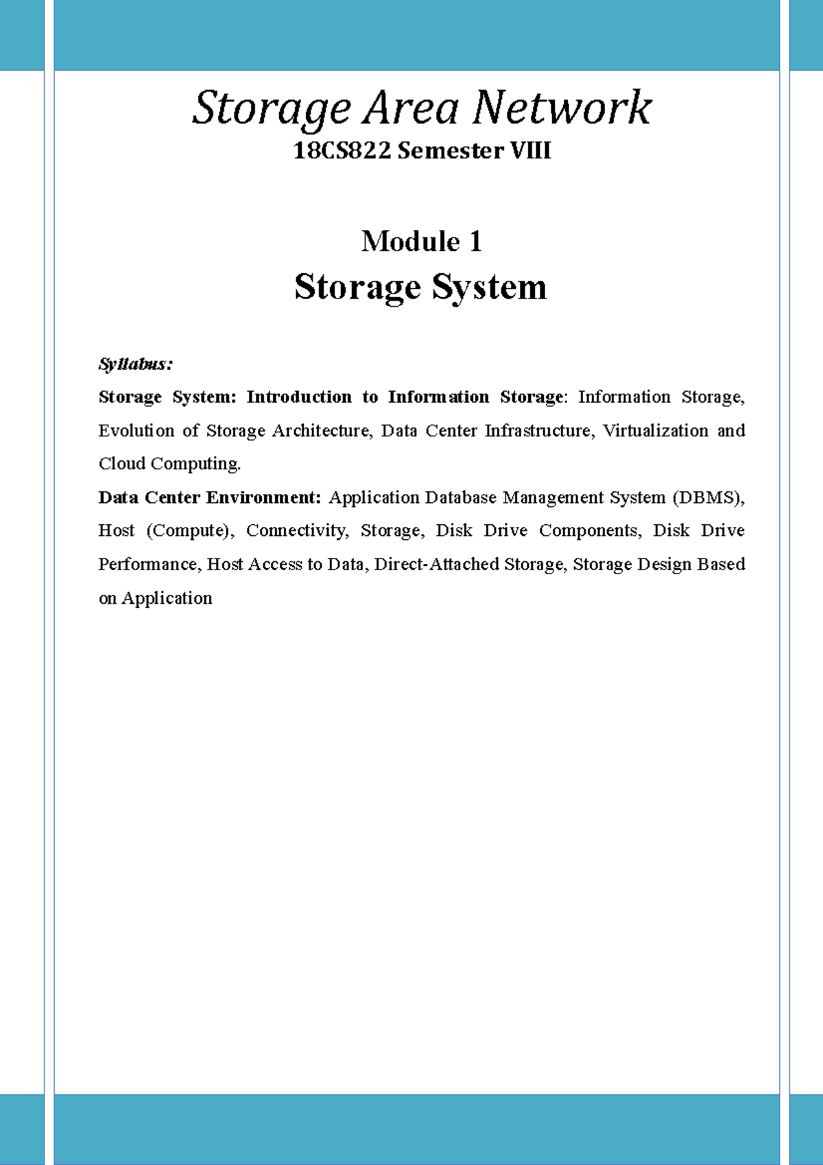 18CS822 SAN Module 1 SAN Notes Storage Area Network 18CS822