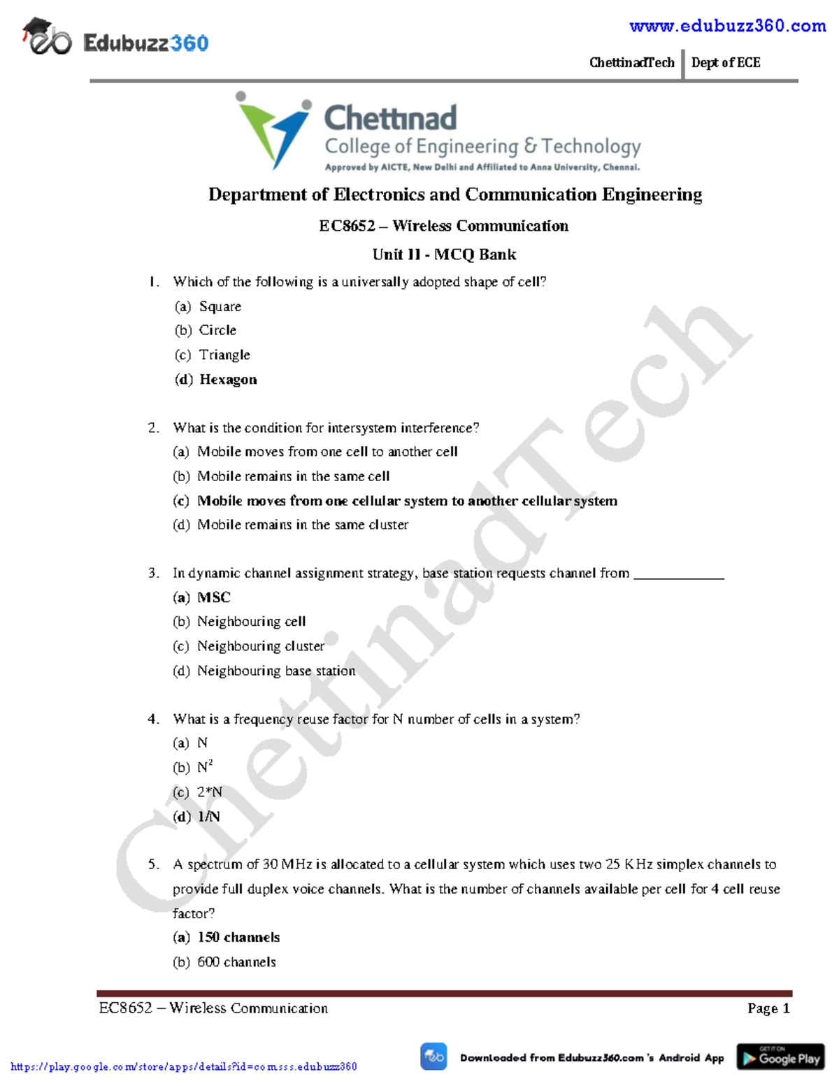 EC8652 Wireless Communication UNIT 2 MCQ - ChettinadTech Dept of ECE ...