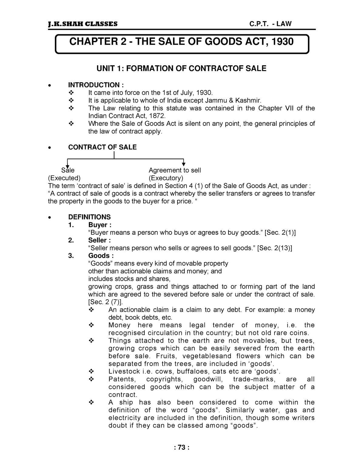 Sale Of Goods Act Notes By JK Shah Classes - CHAPTER 2 - THE SALE OF ...