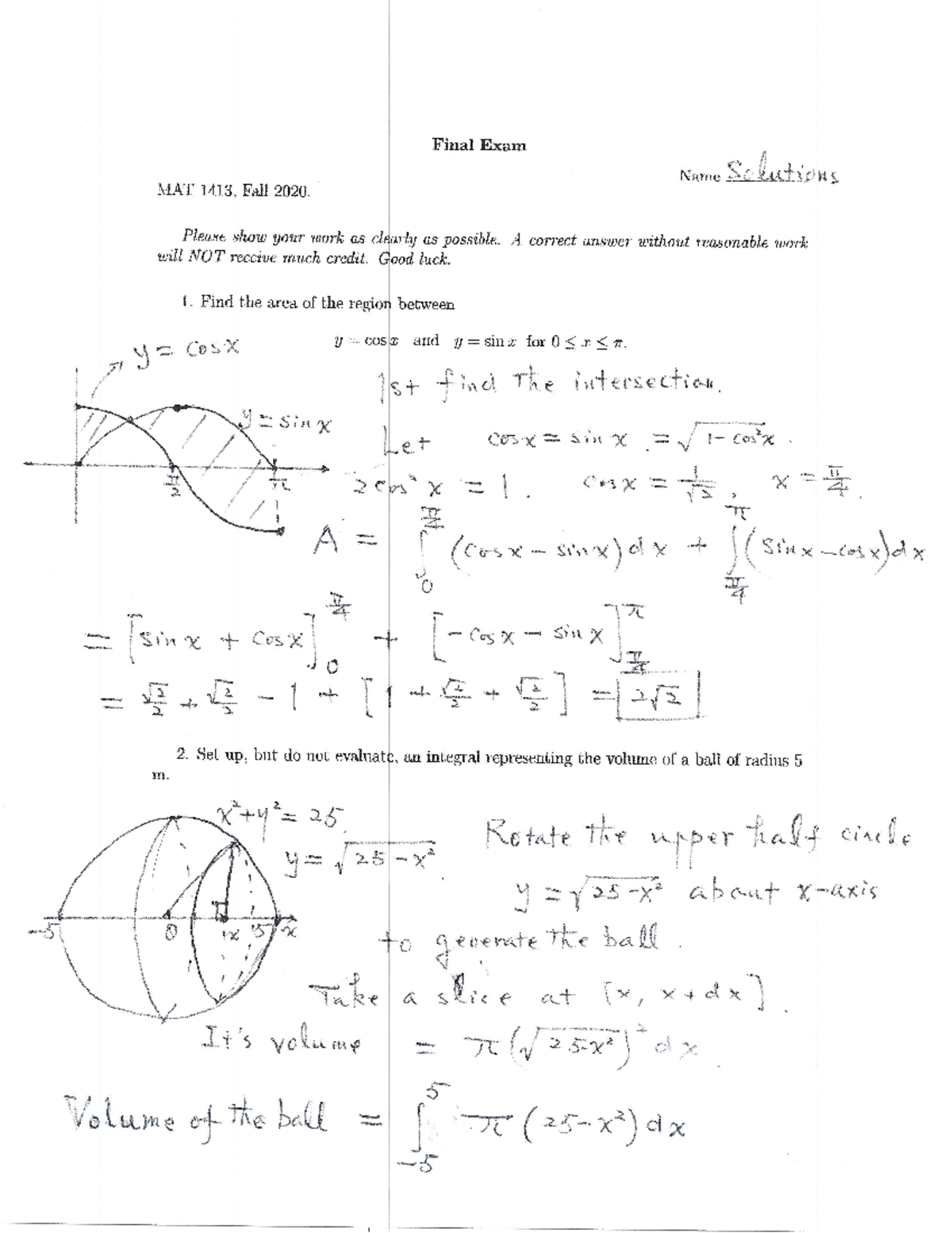 Calc II Practice Test (Final For Calc II) - MAT 1413 - Studocu