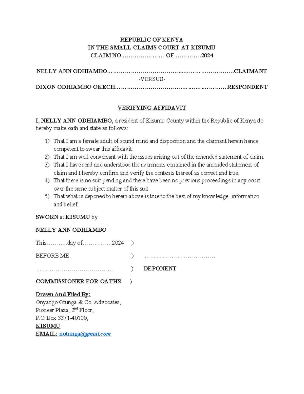 Verifying affidavit Ann - REPUBLIC OF KENYA IN THE SMALL CLAIMS COURT ...