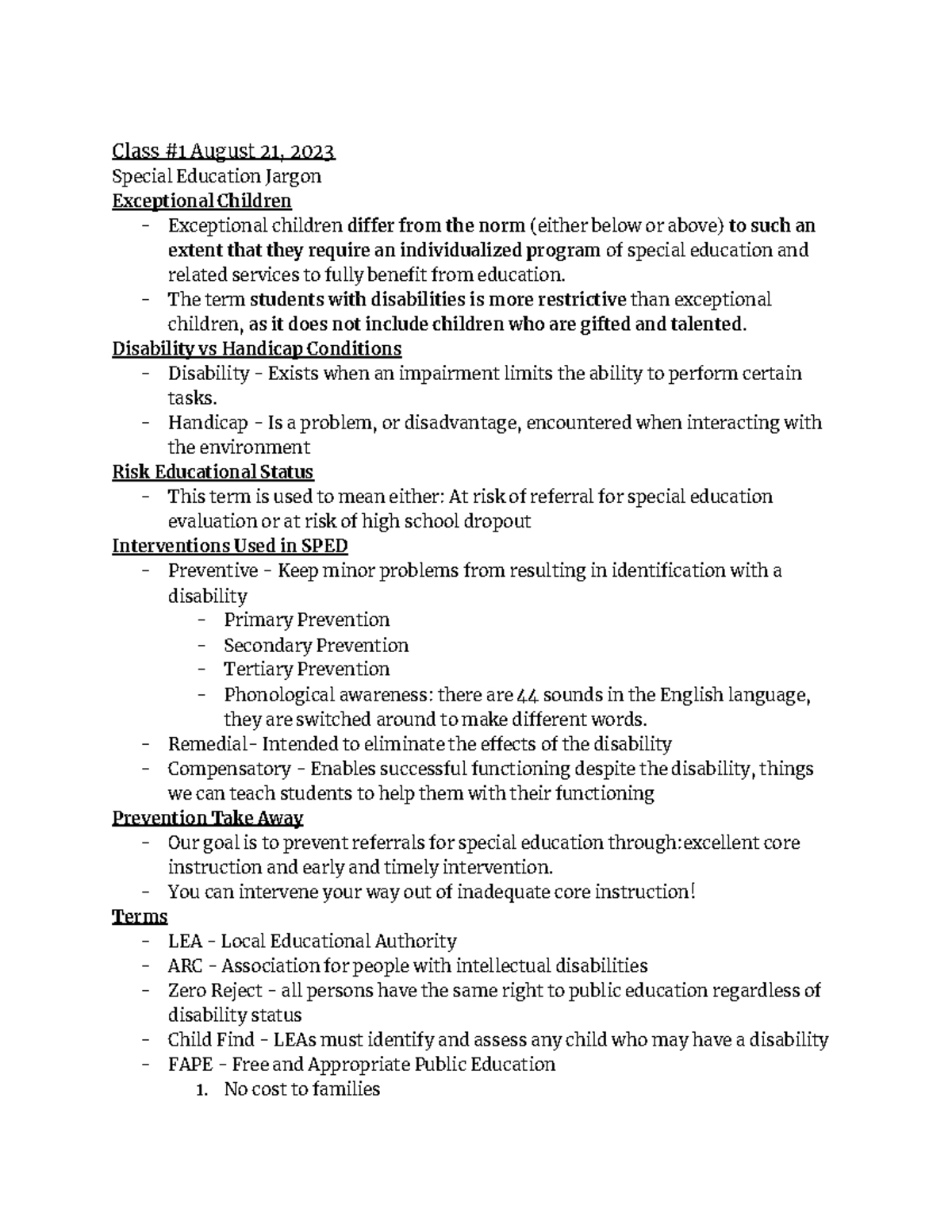 Spled EXAM 1 Class 1 August 21, 2023 Special Education Jargon