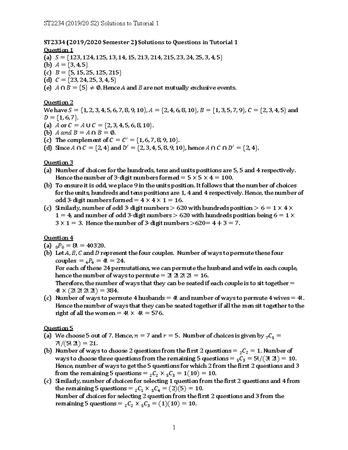 ST2334 Solution - ST2234 (2019/20 S2) Solutions to Tutorial 1 1 ST2334 ...