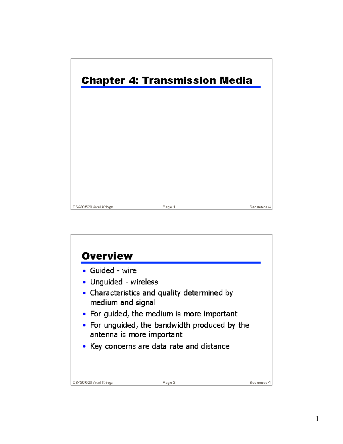 Transmission media CS420/520 Axel Krings Sequence 4 Page 1 Chapter 4