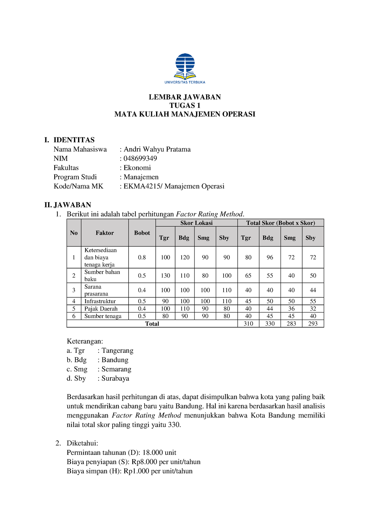 Jawaban Tugas 1 Manajemen Operasi Andri Wahyu Pratama 048699349 ...