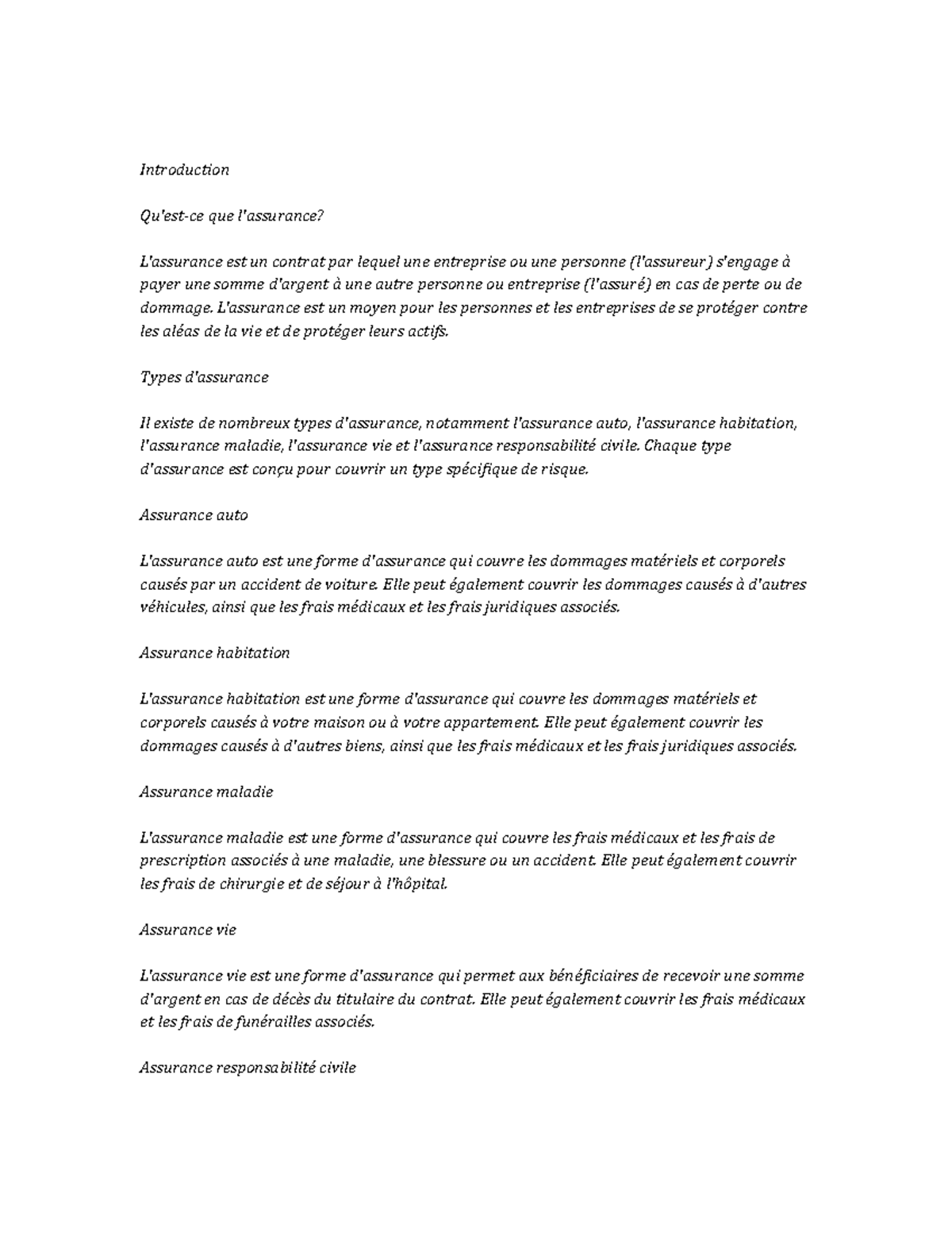Insurance Study Notes - Introduction Qu'est-ce que l'assurance? L ...