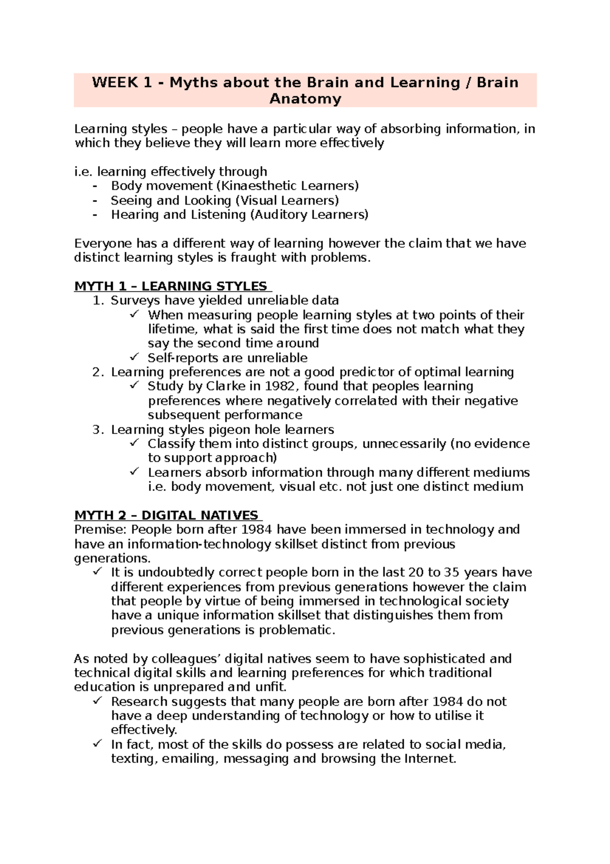 Brain and Learning Wk 1 - Lecture notes 1 - WEEK 1 - Myths about the ...