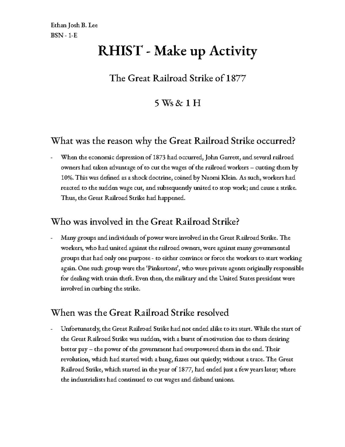 Rhist - Make up Activity - BSN - 1-E RHIST - Make up Activity The Great ...