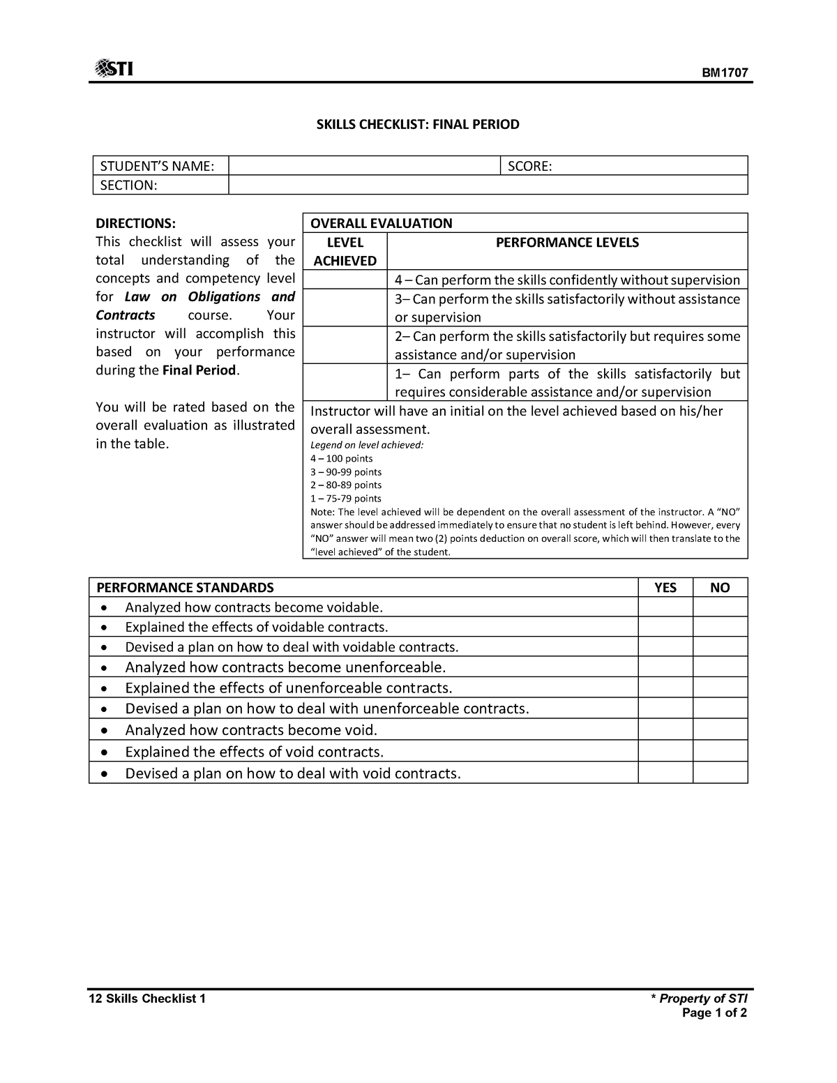 12 Skills Checklist 1 - Lecture notes - BM 12 Skills Checklist 1 ...