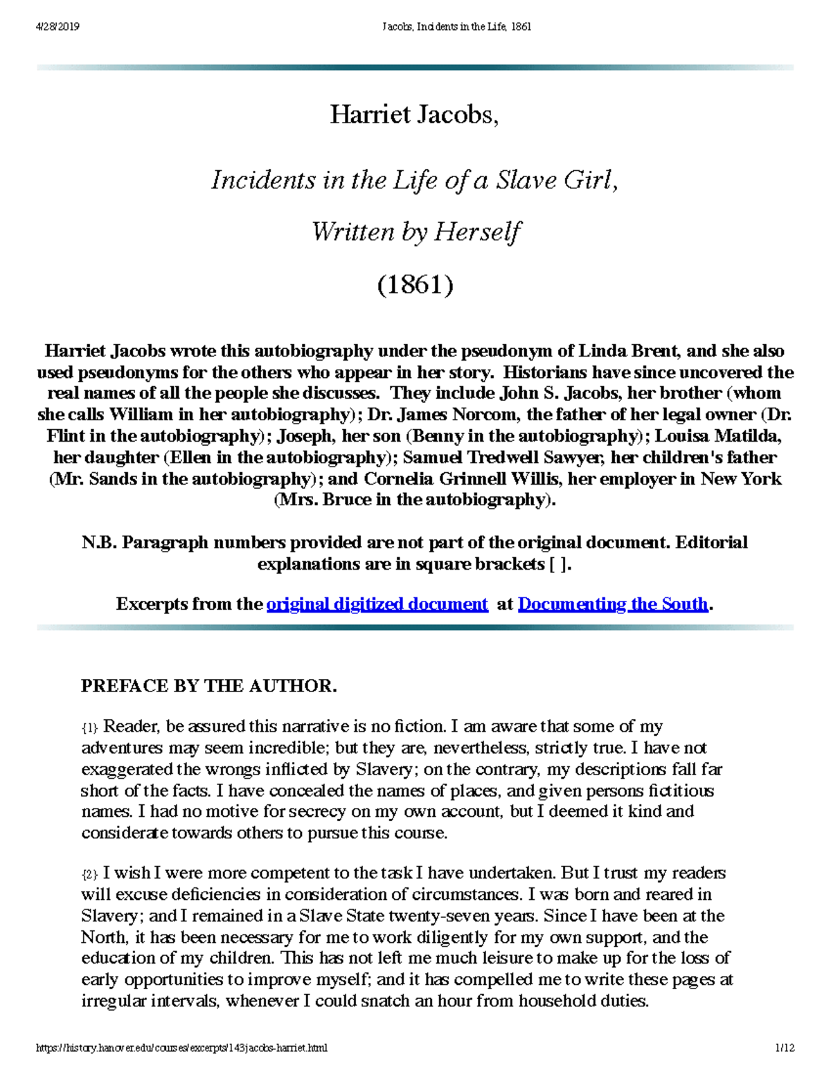 Jacobs Incidents in the Life 1861 Harriet Jacobs, Incidents in the