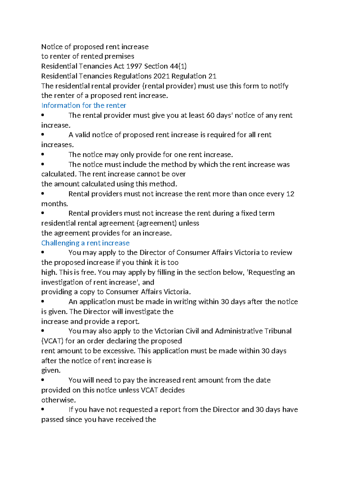 Notice of proposed rent increase - Information for the renter The ...