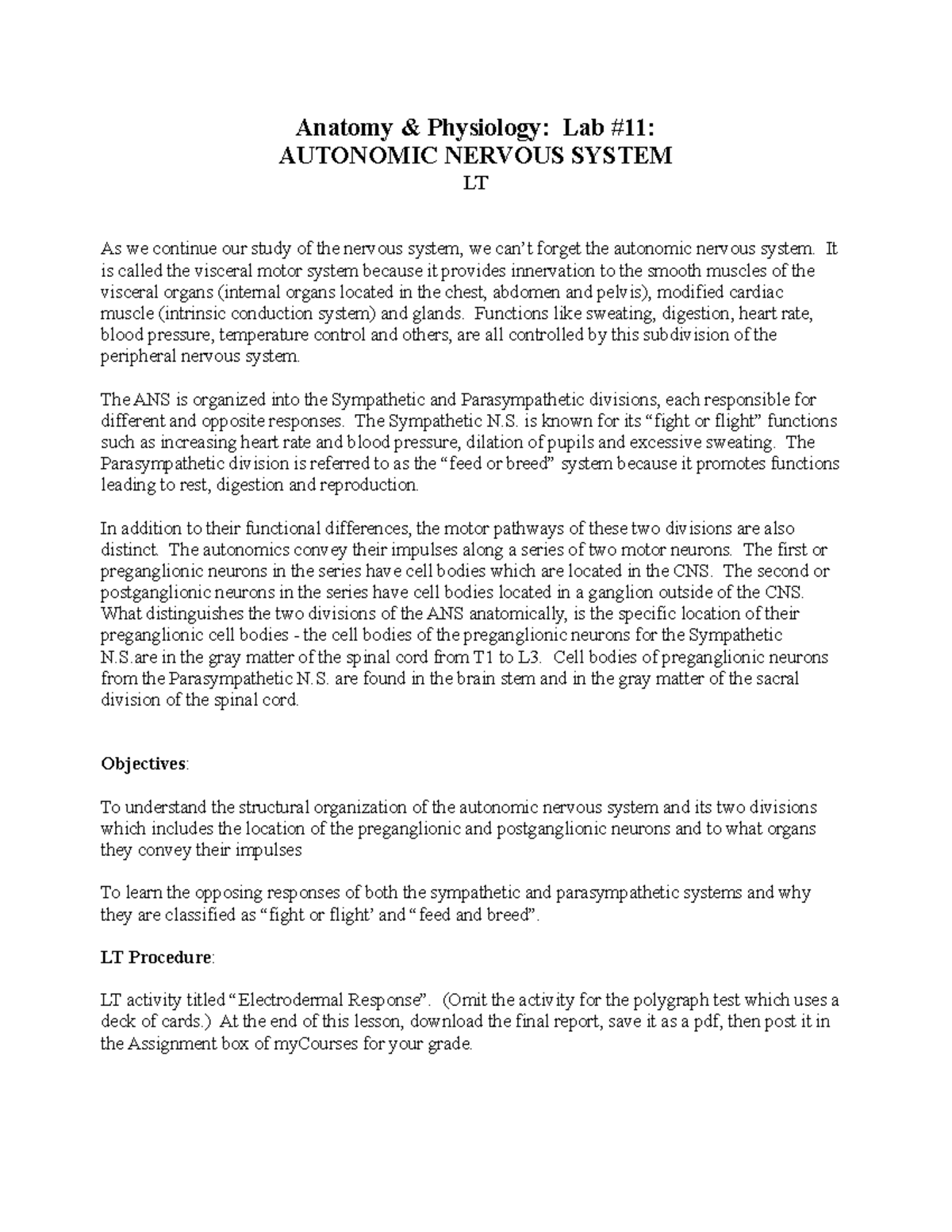 Lab 11 - Autonomic Lab Guide Mm - Anatomy & Physiology: Lab #11 