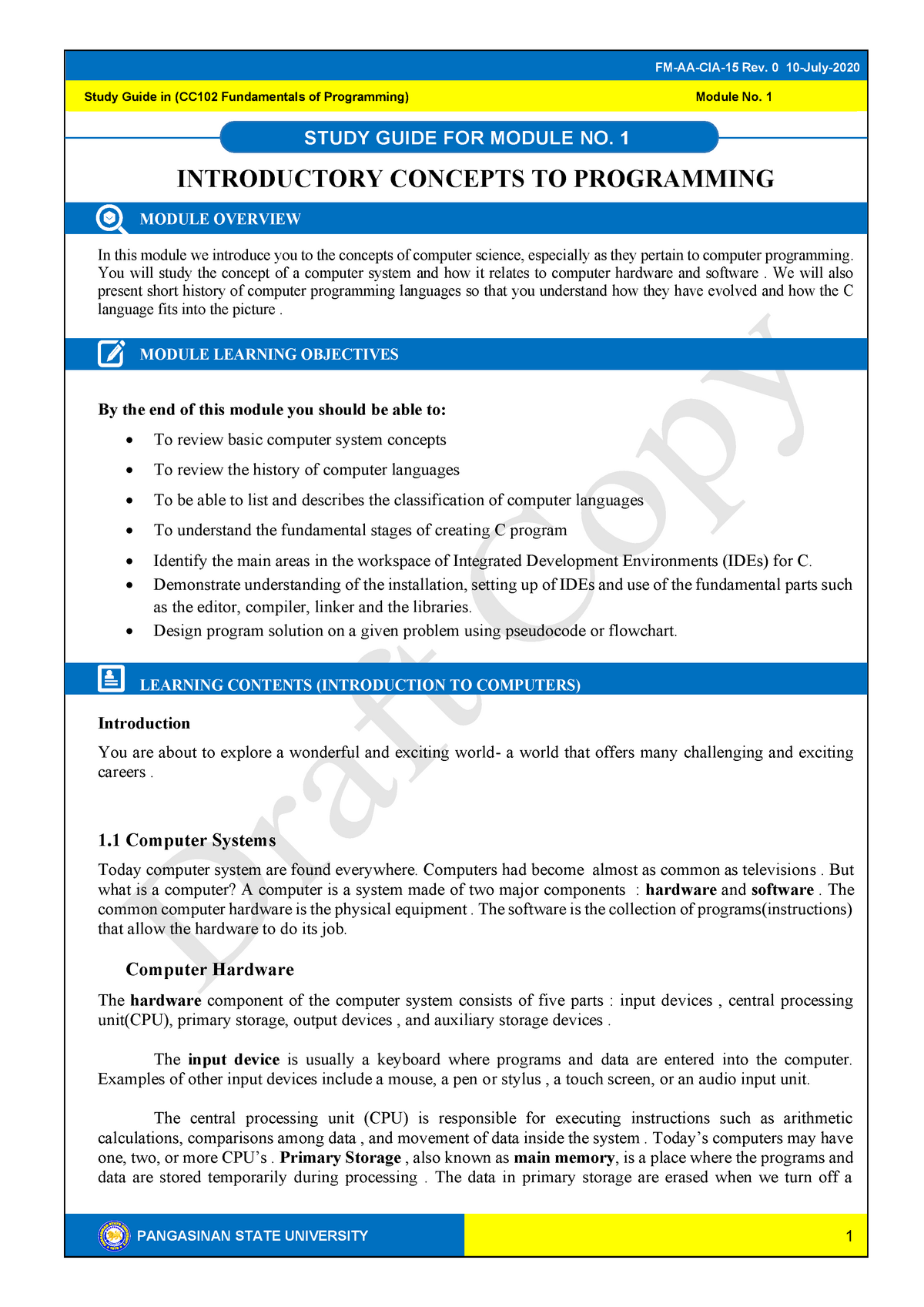 Fundamentals Of Computing 1 Module 1- Introductory Concepts To ...