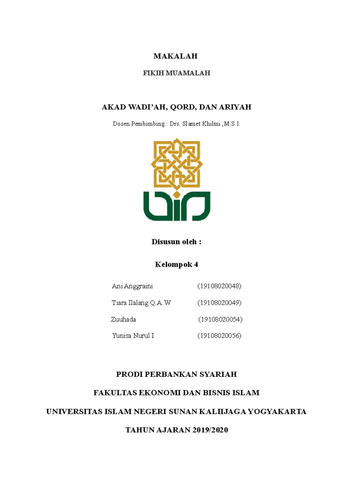 Makalah Fikih 4 (Akad Wadi'ah, Qord, Dan Ariyah)-1 - MAKALAH FIKIH ...