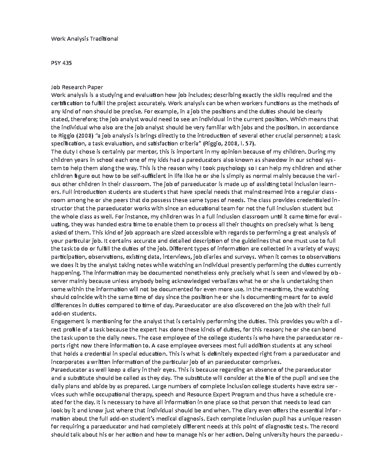 PSY 435 Job Analysis Paper 1 - Work Analysis Traditional PSY 435 Job ...
