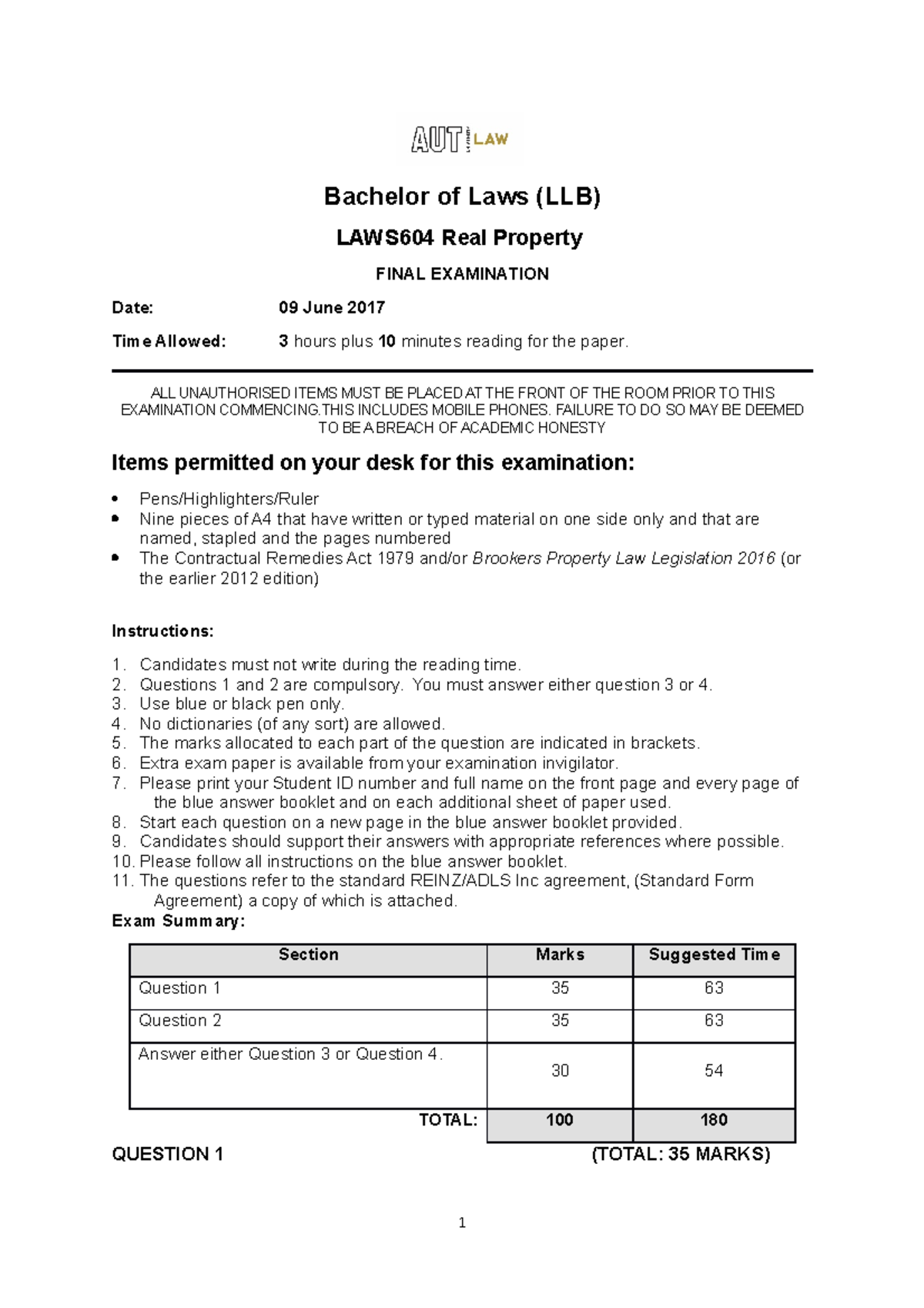Exam 25 October 2017, questions - Bachelor of Laws (LLB) LAWS604 Real ...