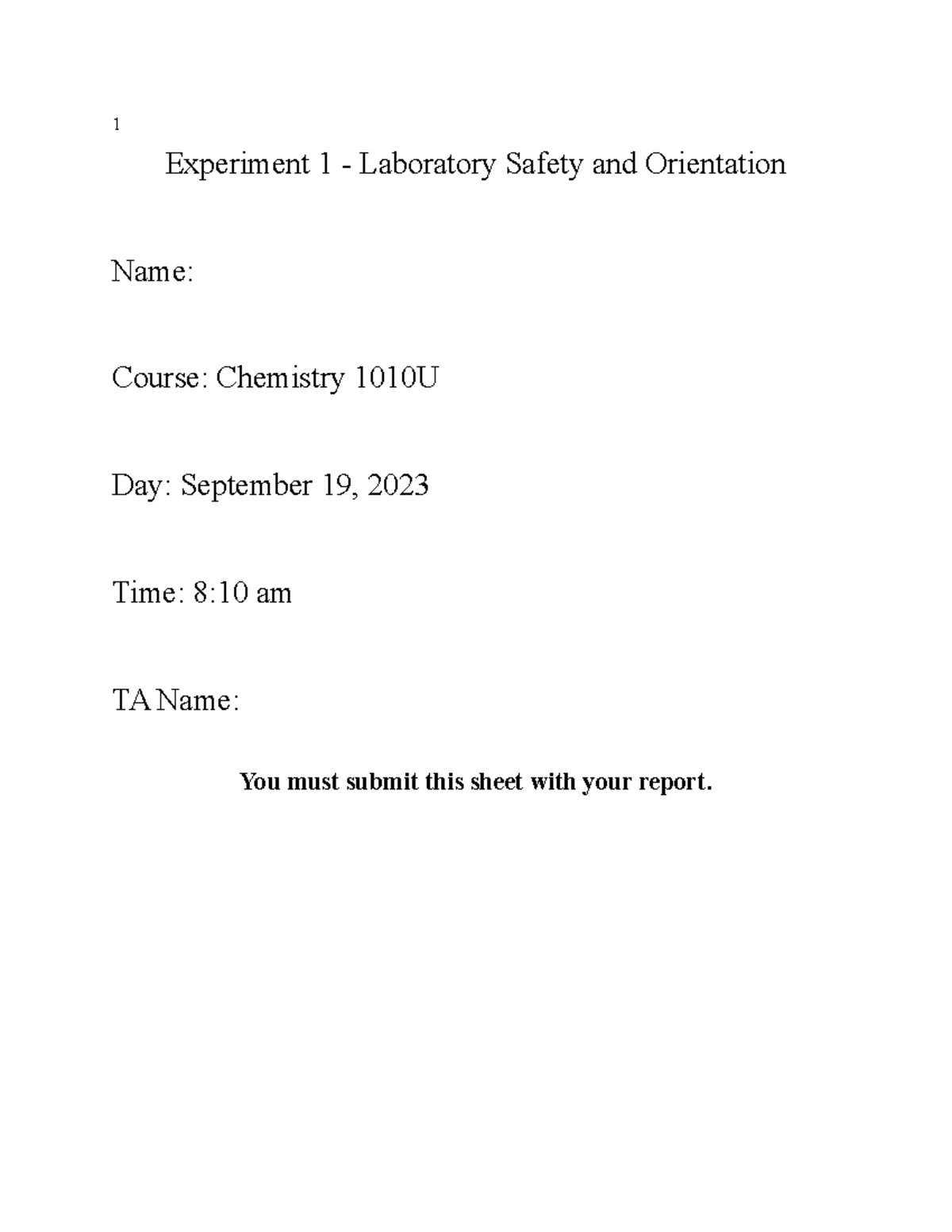 Lab safety and orientation lab report 1 2023 1 Experiment 1