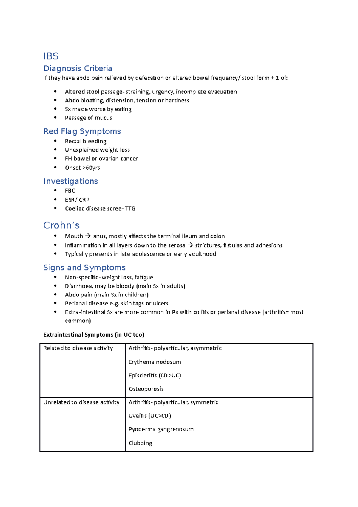 IBS and crohns - Lecture notes 1 - IBS Diagnosis Criteria If they have ...