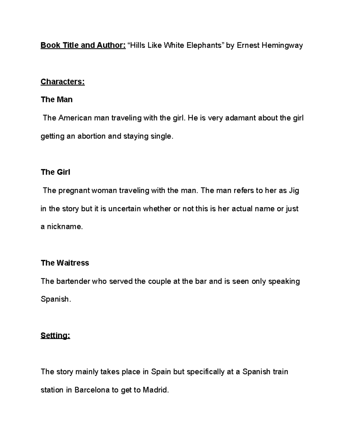 “Hills like White Elephants” by Ernest Hemingway ENG1105 OL 6 Studocu